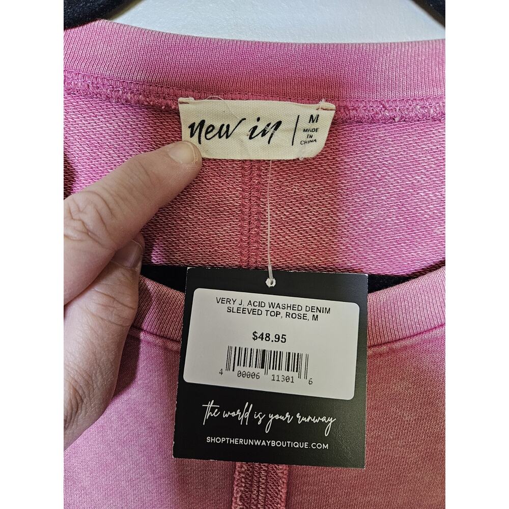 New in Size M Pink And Denim Colorblock Crew Neck Long Sleeve Sweatshirt Top - Picture 2 of 9